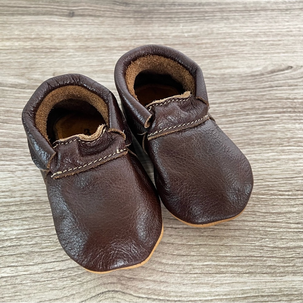 Posh Panda Deep Brown Handmade Leather Baby Mocs Soft Shoes Size 3 l 3-6 Months
